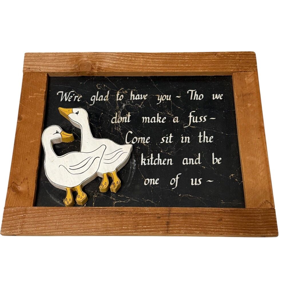 Vtg Cottage Core Wood Goose Geese Tin Kitchen Welcome Wall Hanging 17x13 Rustic